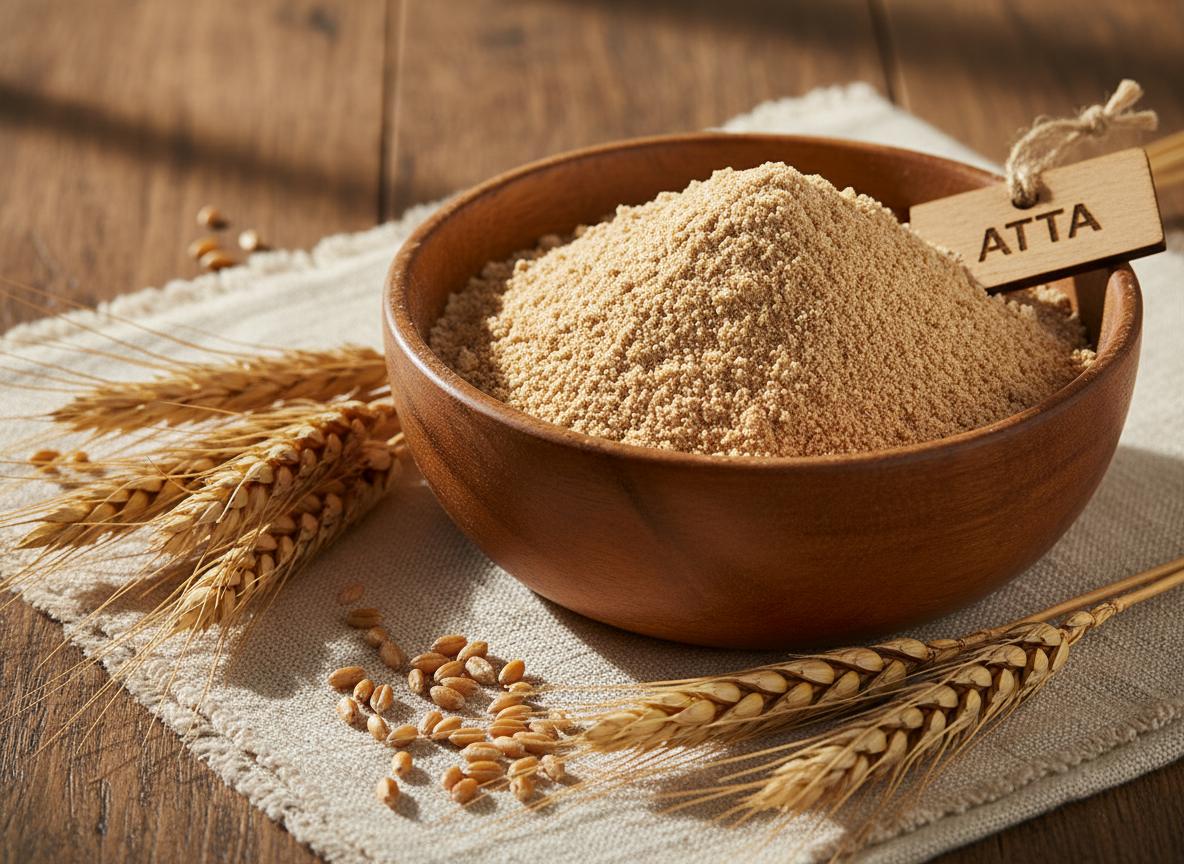 Flour and wheat on a wooden tabletop