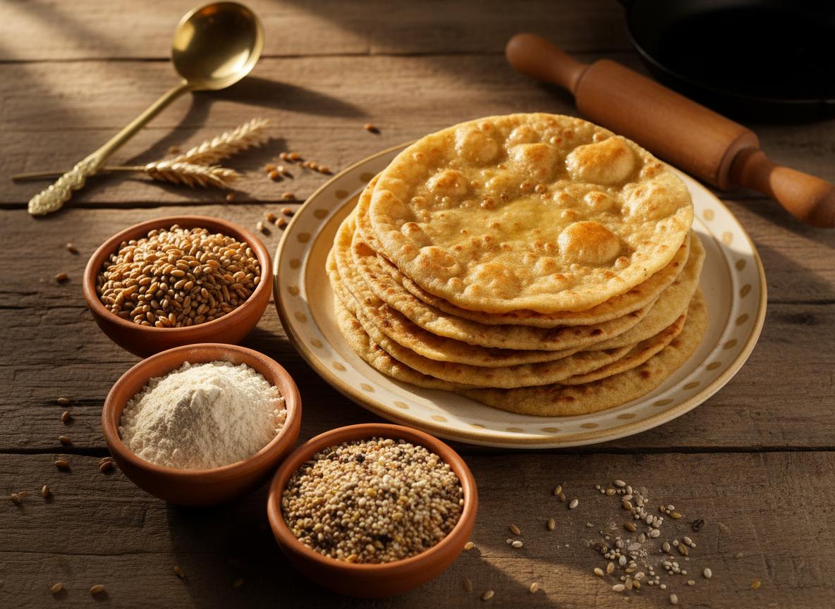 Indian flatbreads, flour and grains on a kitchen table